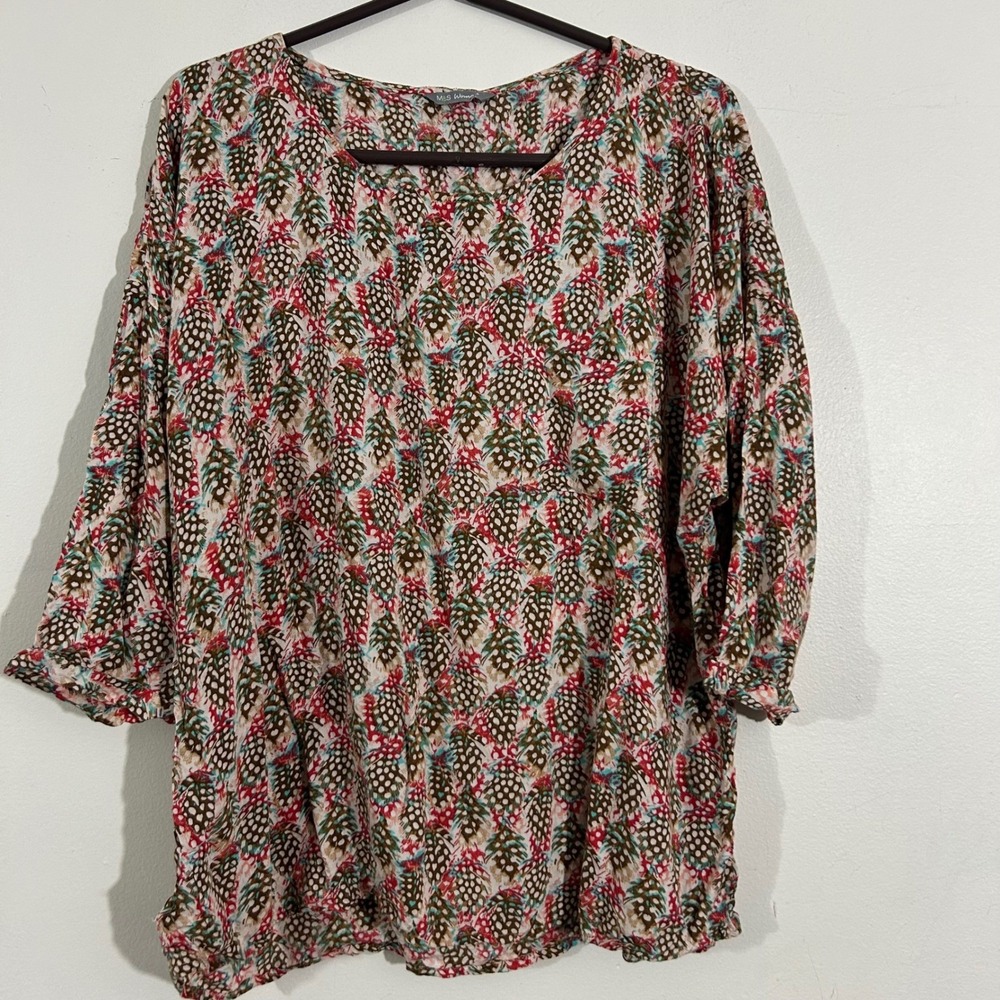 MS‎ Woman Brown Feather Print 3/4 Sleeve Top Casual Blouse Bohemian medium